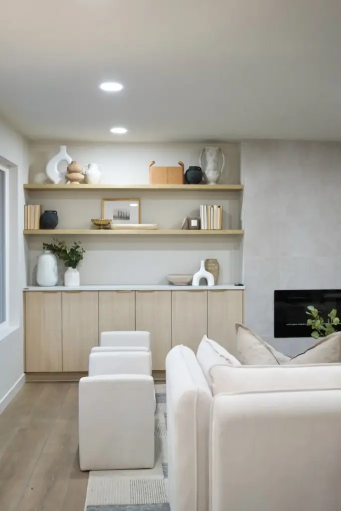 home remodel in Shoreline WA with warm living room built-ins